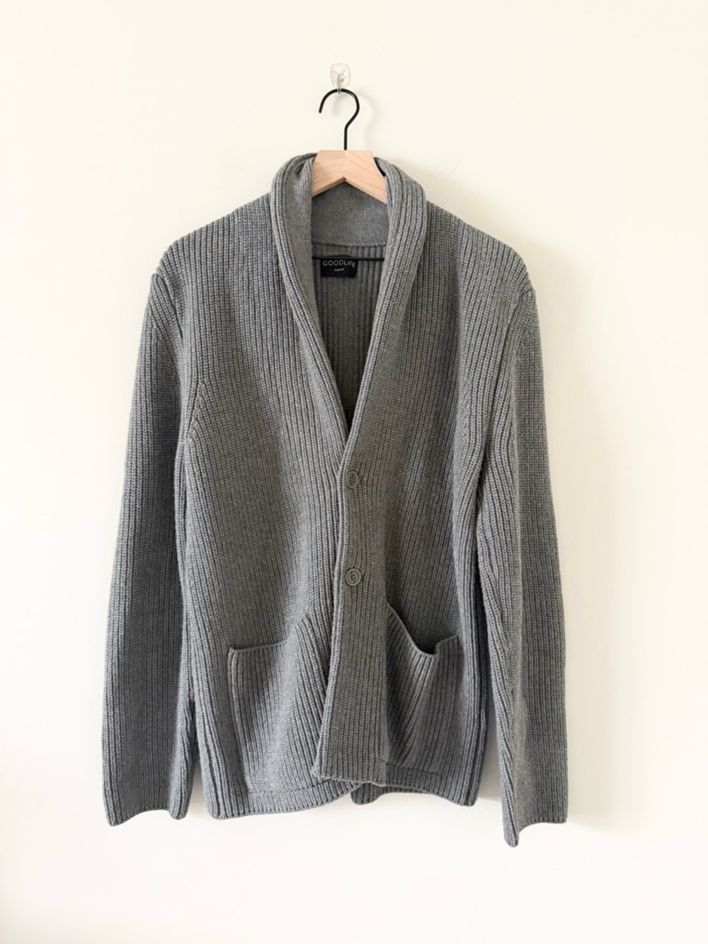 Goodlife Gray Cotton Shawl-Collar Ribbed Cardigan Sweater Size M